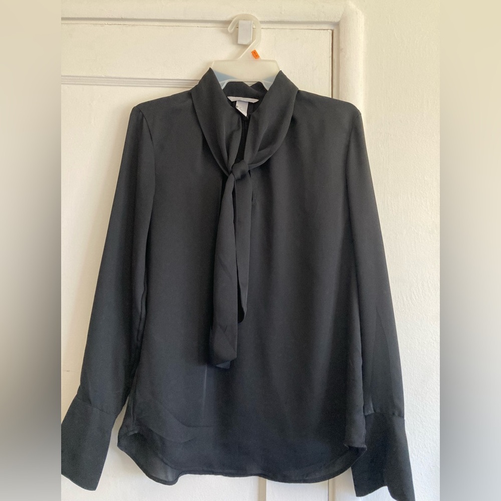 H&M Black Cuffed Sleeve Tie Front Blouse